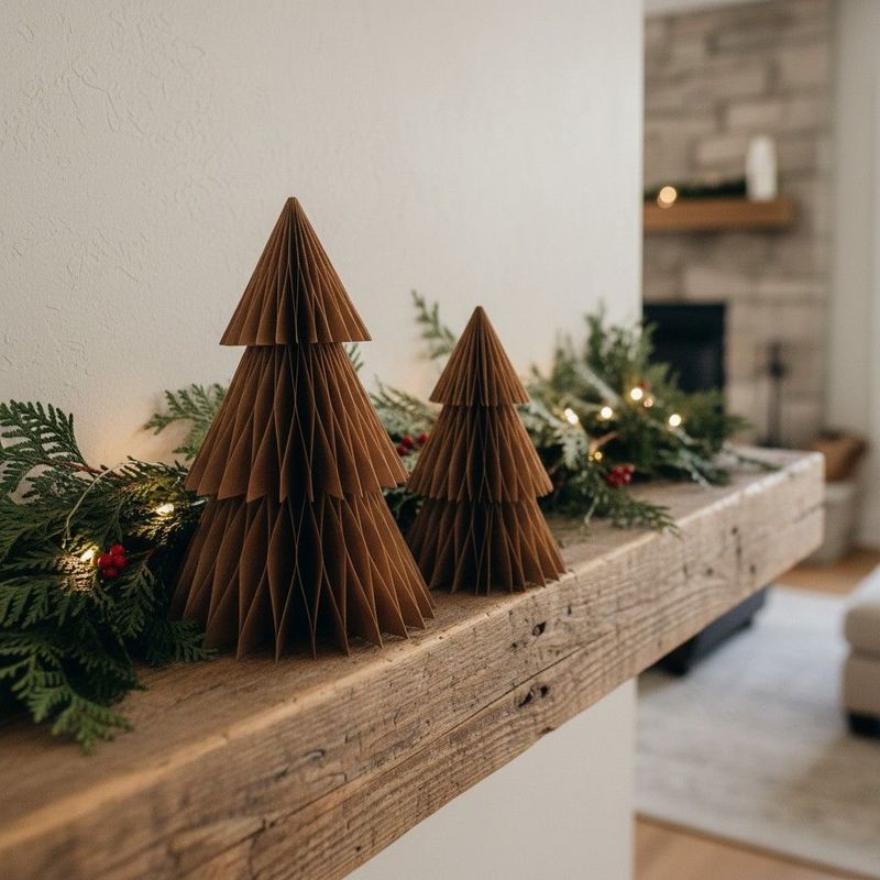 Warm golden paper Christmas trees made from recycled heavy duty paper and lovingly assembled by hand. 