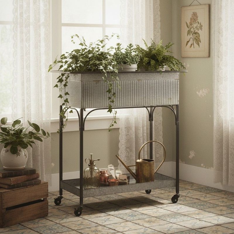 Display your plants beautifully in this aged zinc planter box on wheels. Perfect display for a sunny window or conservatory