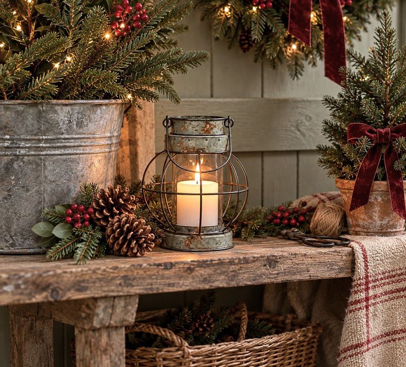 Add charm to your Christmas décor with this rustic factory lantern, featuring distressed metal, glass insert and candlelight.