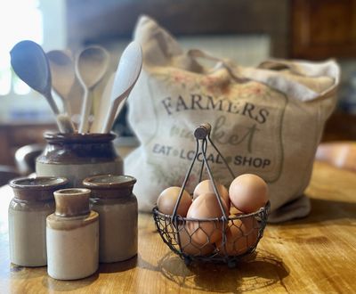 Rustic wire baskets for multiple uses around the home. Create a farmhouse kitchen egg holder or fill with pretty plants