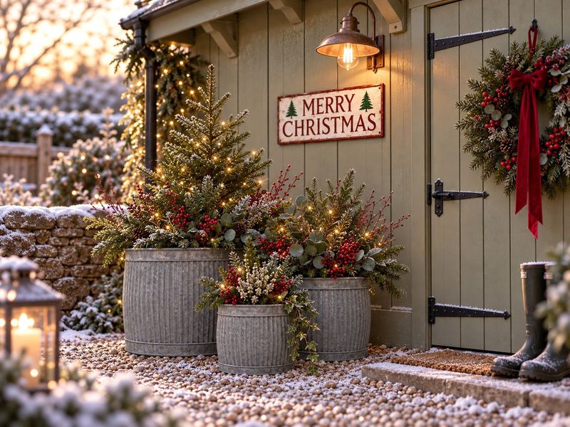 Vintage ribbed zinc dolly tub planters add rustic charm to cottage gardens, perfect for seasonal flowers or festive greenery.