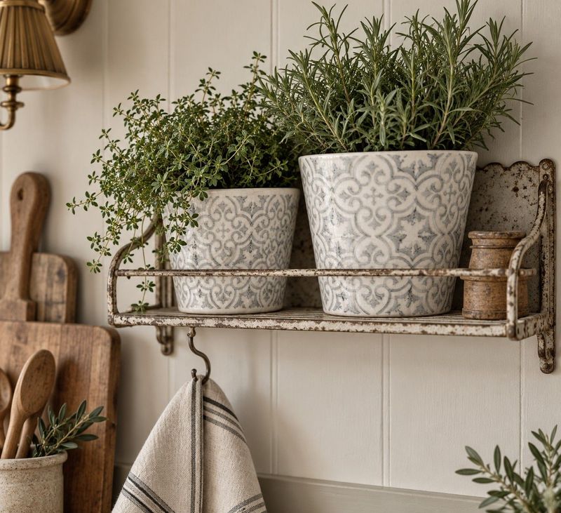 Set of 2 grey scroll plant pot holders with vintage-inspired detailing, perfect for herbs, houseplants, and cottage kitchens.