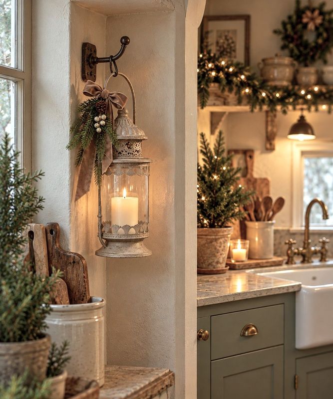 Enna Lantern brings vintage charm to cottage homes with ornate distressed metalwork, clear glass and a softly glowing candle.