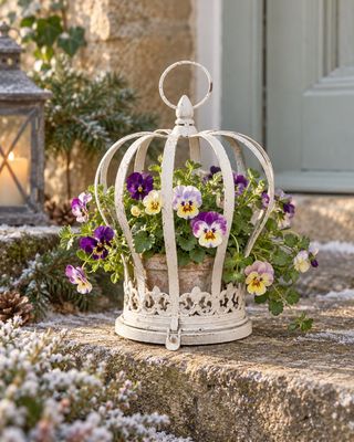 Vintage Style Crown Cloche Vintage white crown cloche with winter violas, a charming rustic planter for cottage garden and festive home décor.