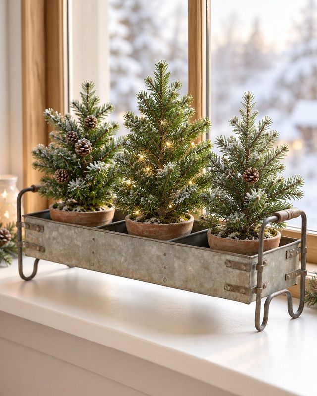 Vintage galvanised metal snuffle trough with mini Christmas trees, perfect for a rustic farmhouse winter window sill display.