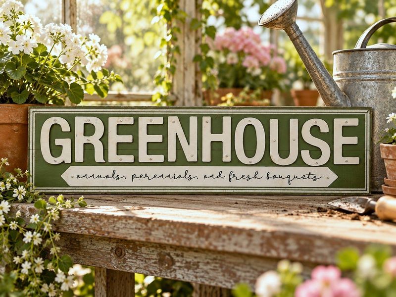 Perfect for greenhouse walls or garden sheds, this vintage-style green wooden sign adds rustic character and botanical charm.