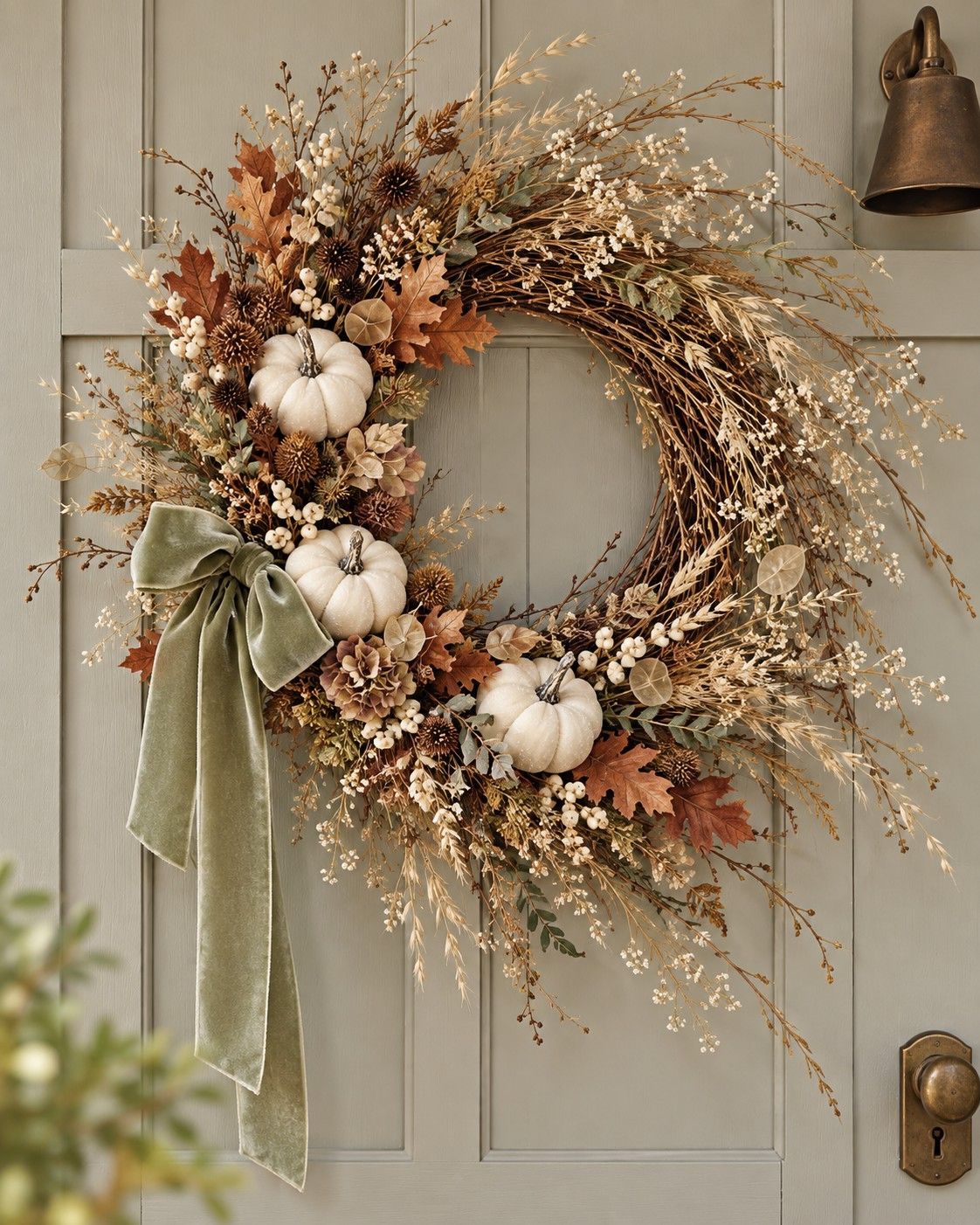 Create an amazing Autumn wreath with these ivory velvet pumpkins, foraged foliage, velvet ribbon Dress your door with style
