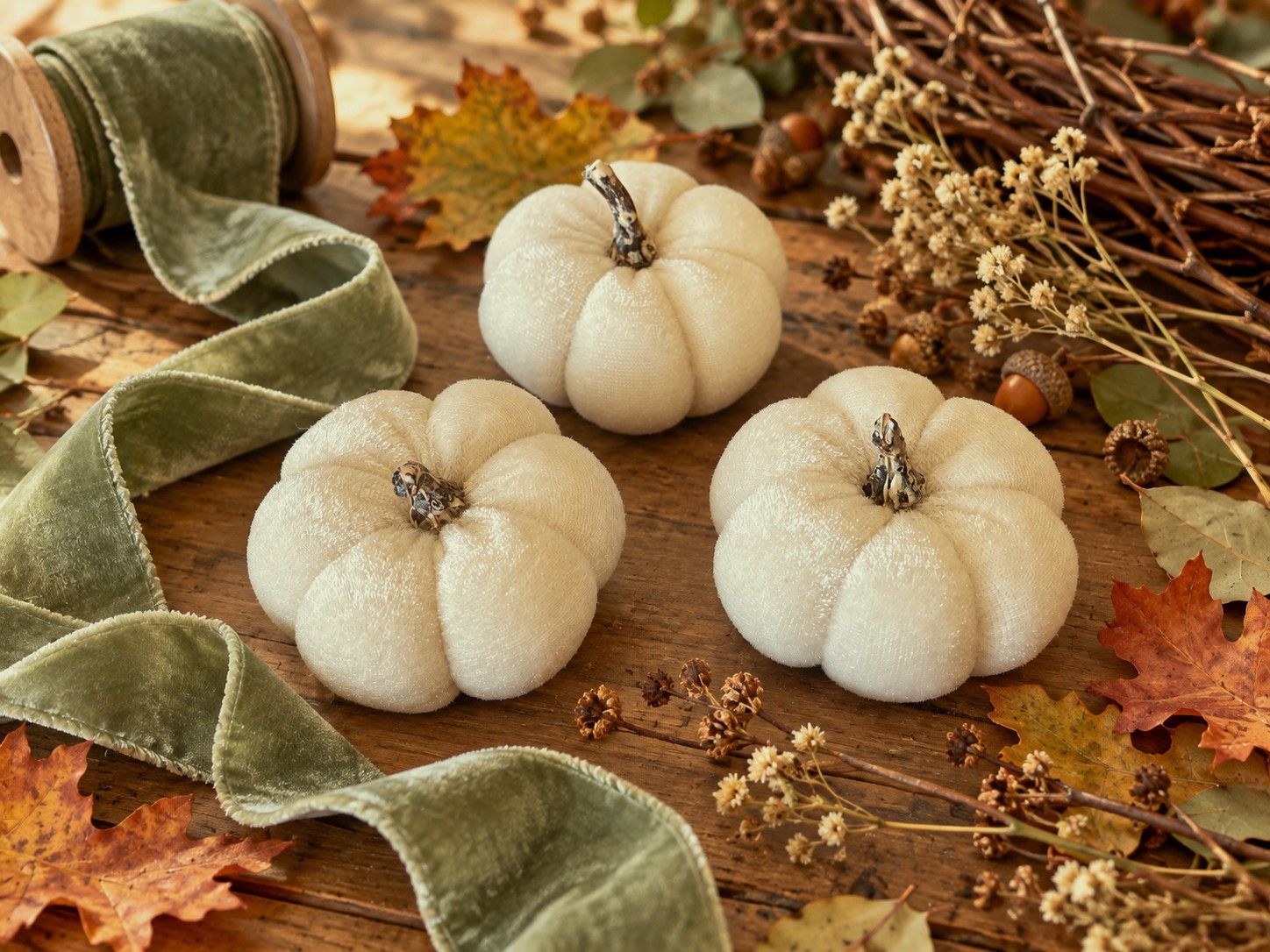 Create an amazing Autumn wreath with these ivory velvet pumpkins, foraged foliage, velvet ribbon Dress your door with style