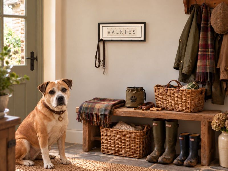 Vintage WALKIES wall sign with playing card lettering and neat lead hooks, perfect for a rustic cottage boot room or hallway.