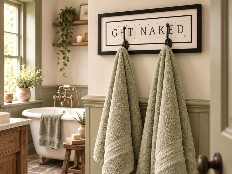 Style a cottage bathroom with a quirky Get Naked sign, complete with two sturdy hooks for towels and timeless vintage appeal.