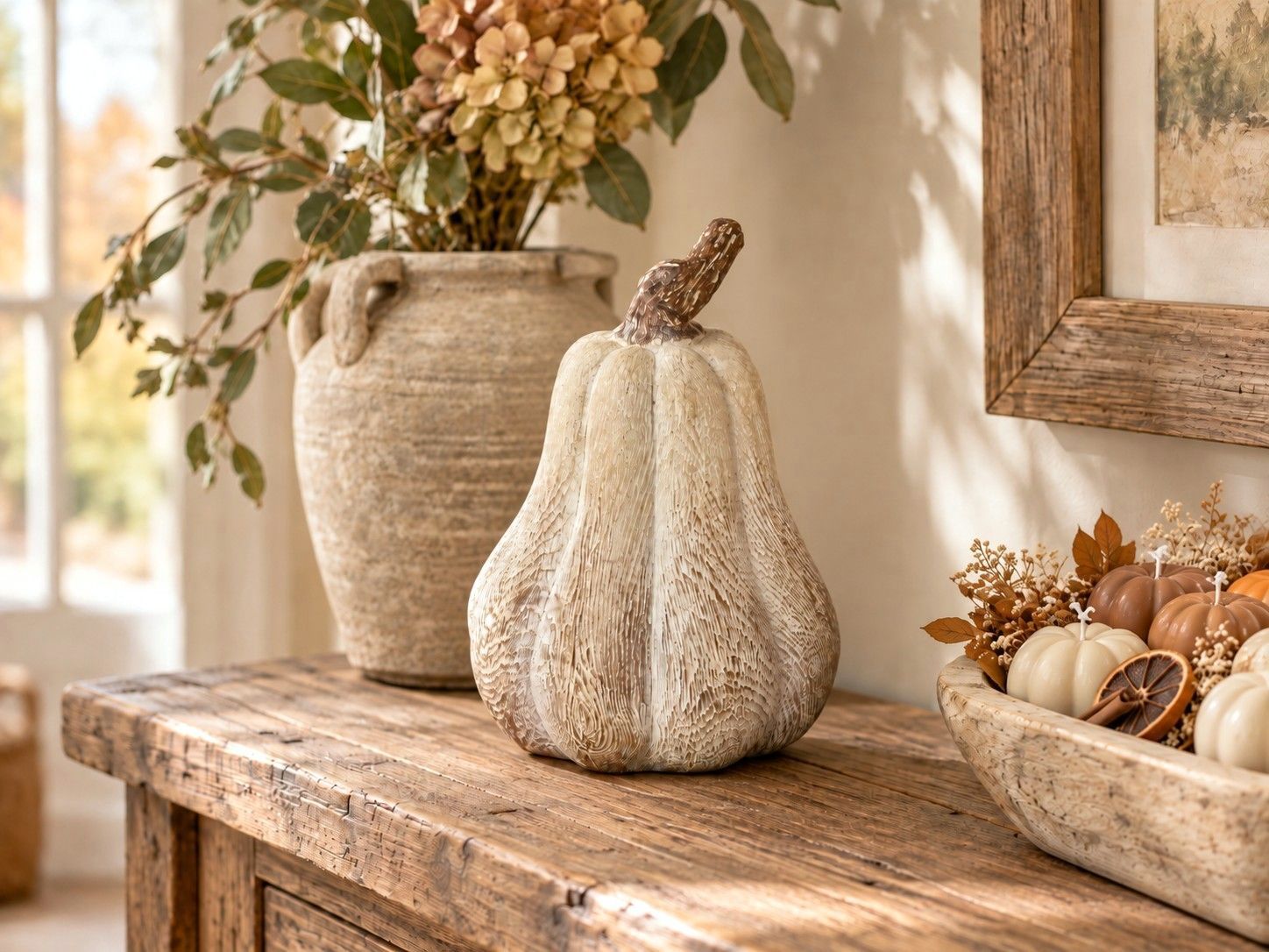 Resin Wood Effect Pumpkin - Tall Create a cosy Autumn interior with neutral wood effect pumpkins and pretty pumpkin candles