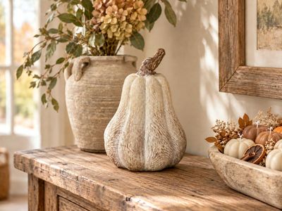 Create a cosy Autumn interior with neutral wood effect pumpkins and pretty pumpkin candles