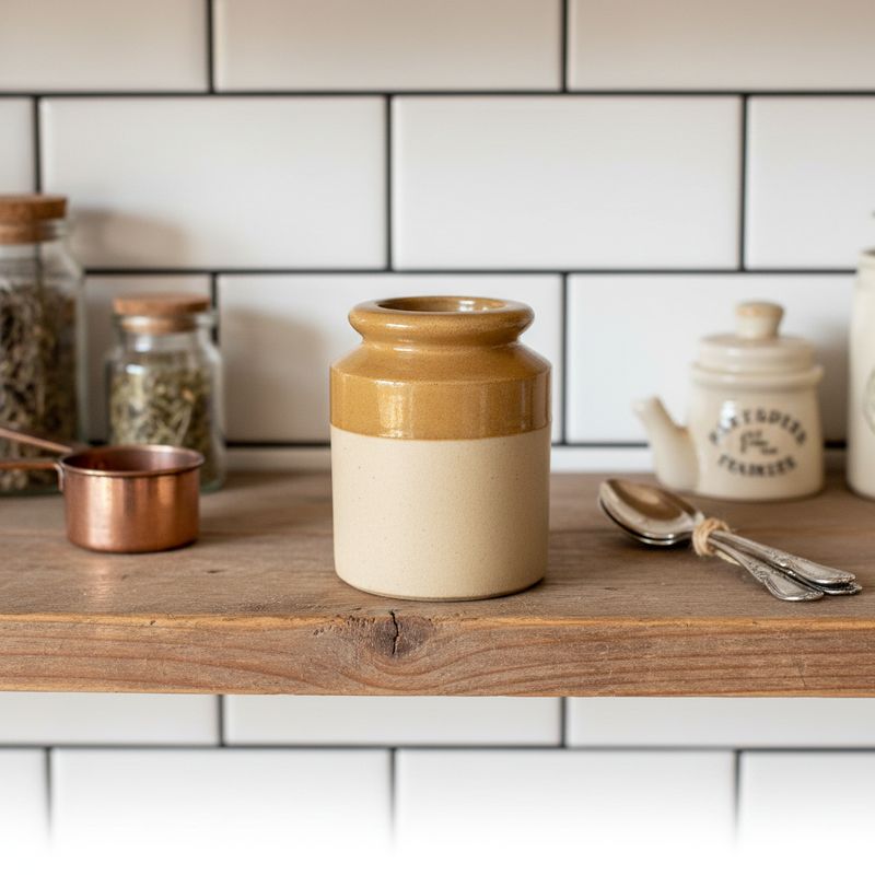 Tiny stoneware pots make the cutest accents to a cottage kitchen shelves