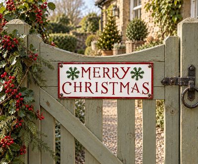 Merry Christmas Sign Vintage Merry Christmas metal sign with red lettering and green snowflakes, ideal for festive garden gates, doors or porches.