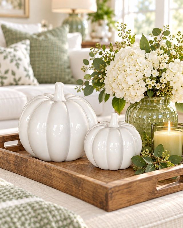 Lovely white ceramic pumpkins in two sizes perfectly compliment any style of décor this season