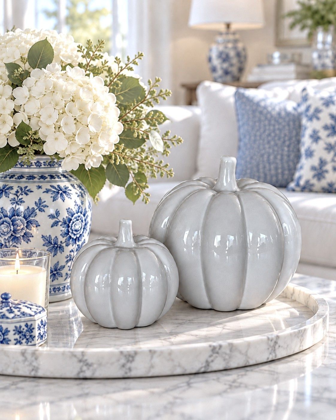 Lovely white ceramic pumpkins in two sizes perfectly compliment any style of décor this season