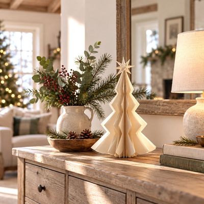 White Paper Christmas Tree Add festive charm to your home with elegant white paper Christmas tree, finished with star topper for classic Christmas shelf