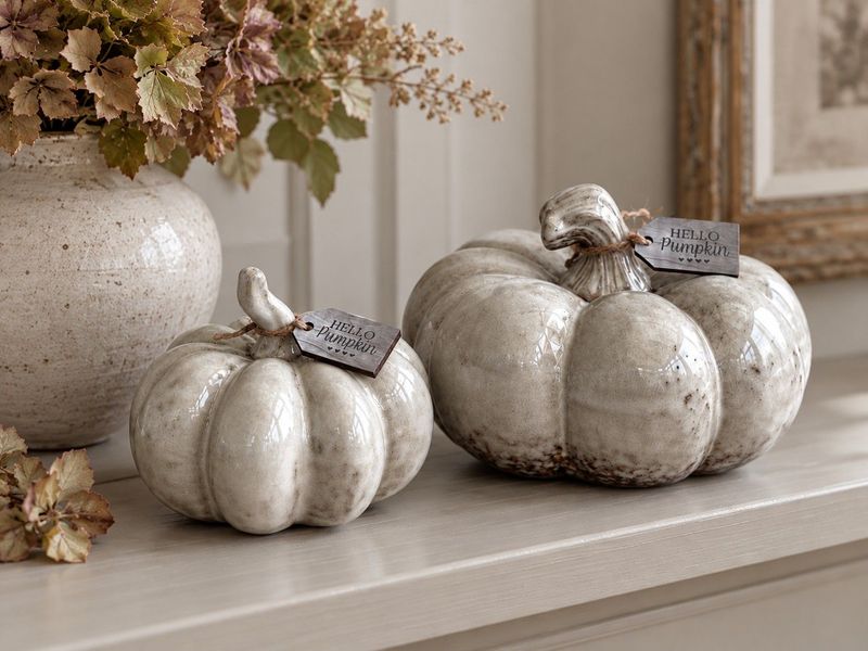 Welcome Autumn with grey ceramic pumpkins. Featuring a unique reactive glaze finish and a charming "Hello Pumpkin" wooden tag