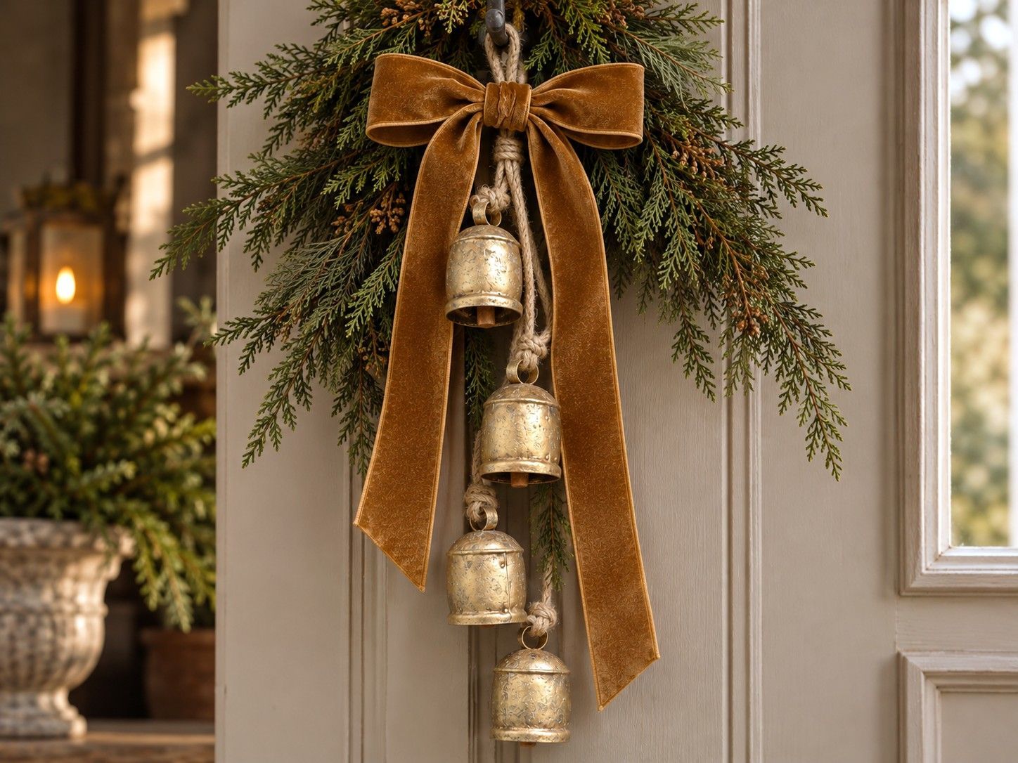 Antiqued Gold Mini Cowbell Cluster Hang these mini antiqued gold bells on garlands wreaths with a simple velvet bow they look stunning