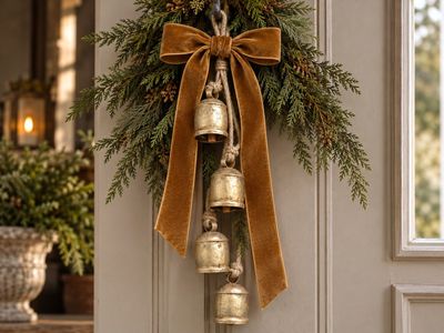 Antiqued Gold Mini Cowbell Cluster Hang these mini antiqued gold bells on garlands wreaths with a simple velvet bow they look stunning
