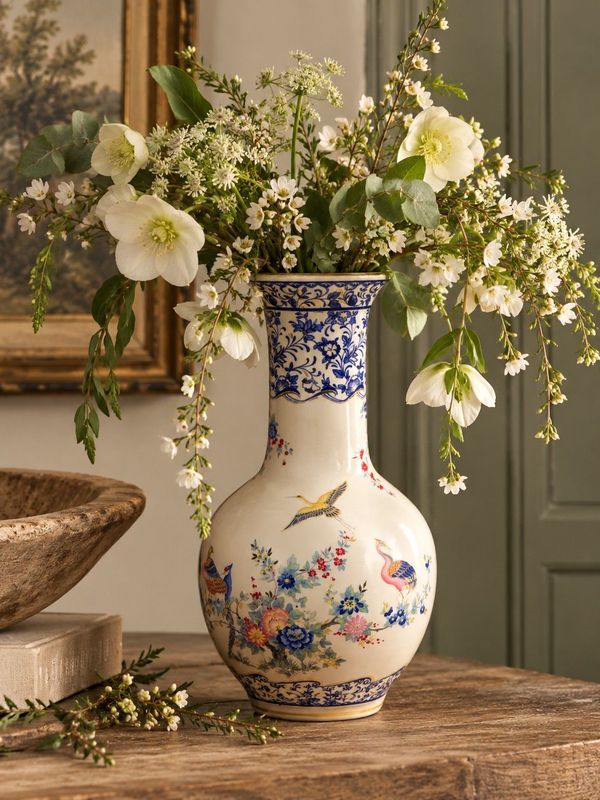 Elegant antique Fratelli Gialletti vase featuring colourful birds, floral motifs and blue detailing, ideal for cottage décor.