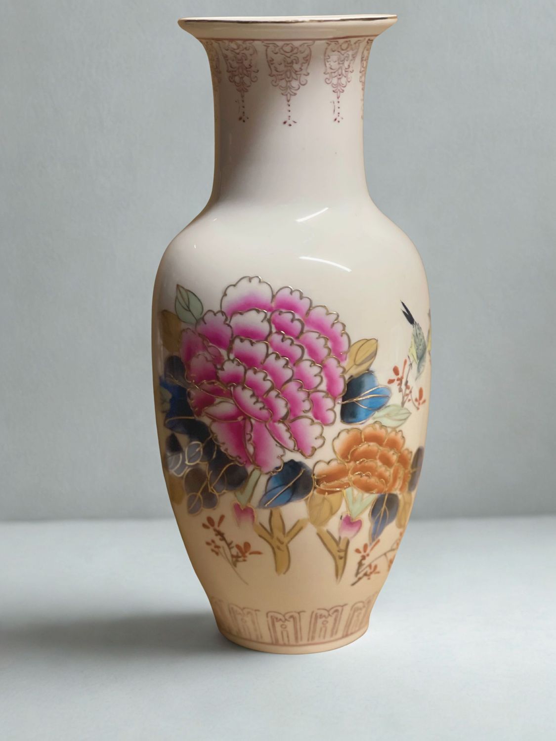 Chinese Poem Vase is a true statement piece, highly decorative vase has been hand painted in vibrant pinks, oranges and blues