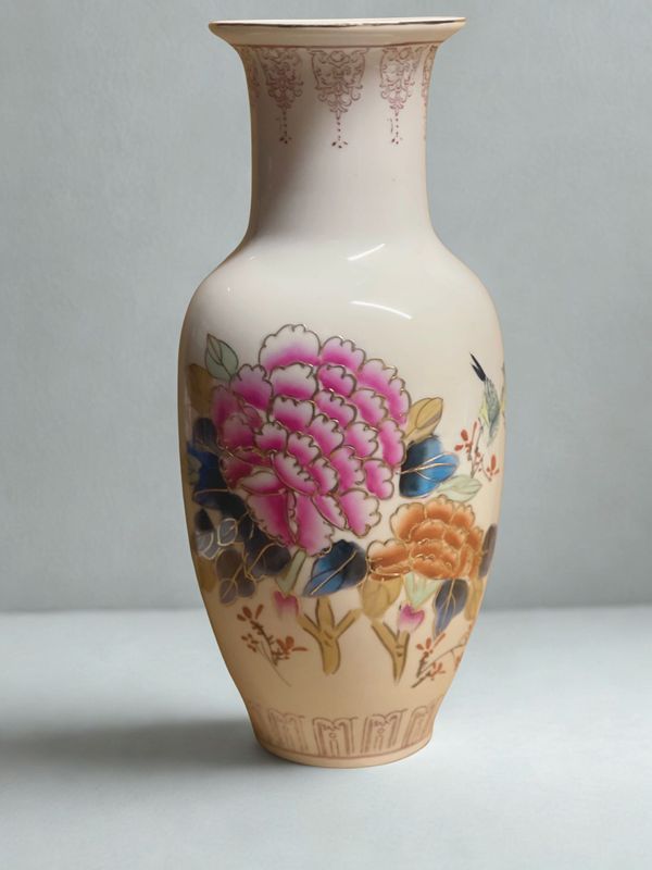 Chinese Poem Vase is a true statement piece, highly decorative vase has been hand painted in vibrant pinks, oranges and blues