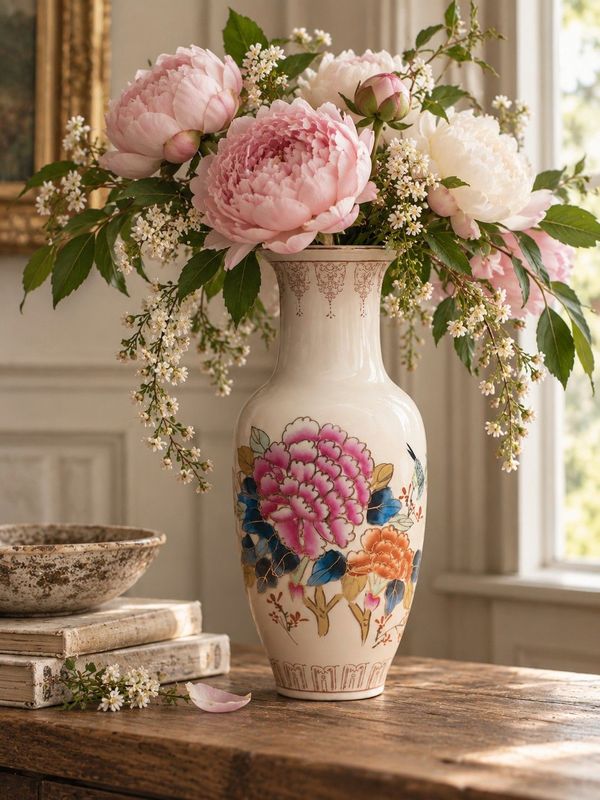 Antique Chinese poem vase with hand-painted peonies, birds and calligraphy, a timeless porcelain piece for home décor.