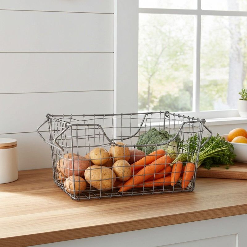 Wire Basket stackable storage in the kitchen for vegetables, recipe books and so much more