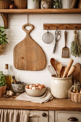 Mango wood chopping boards and serving boards hung in the kitchen are practical and also a pretty décor accent
