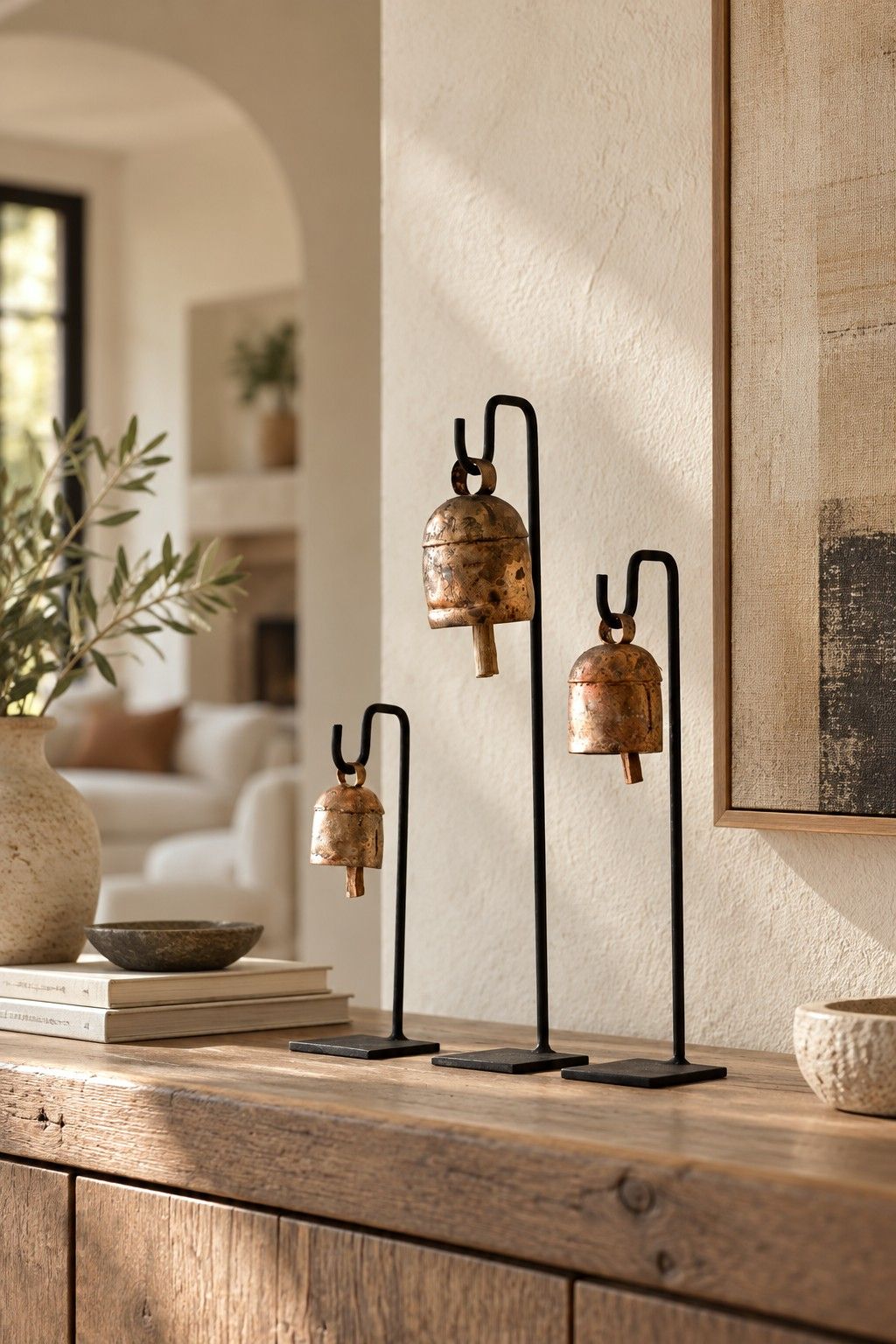 Add some festive vintage décor this season with these aged copper cowbells on iron stands