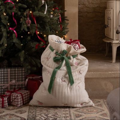 Christmas Present Sack - The North Pole design with plush velvet tie and embroidered Christmas motifs
