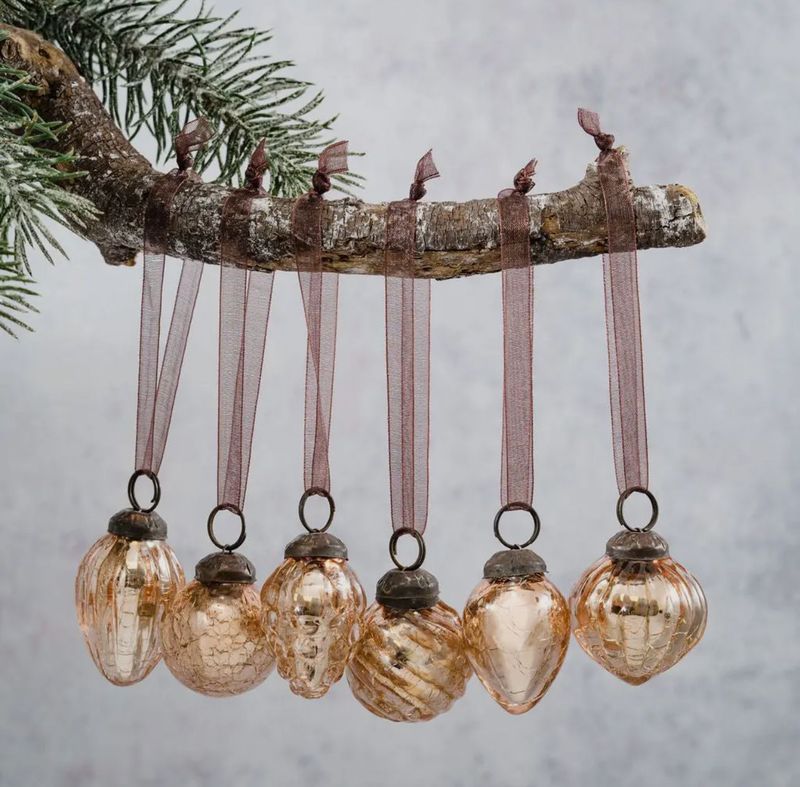 Set of six rose crackle glass baubles with organza ties, perfect for vintage Christmas tree styling.