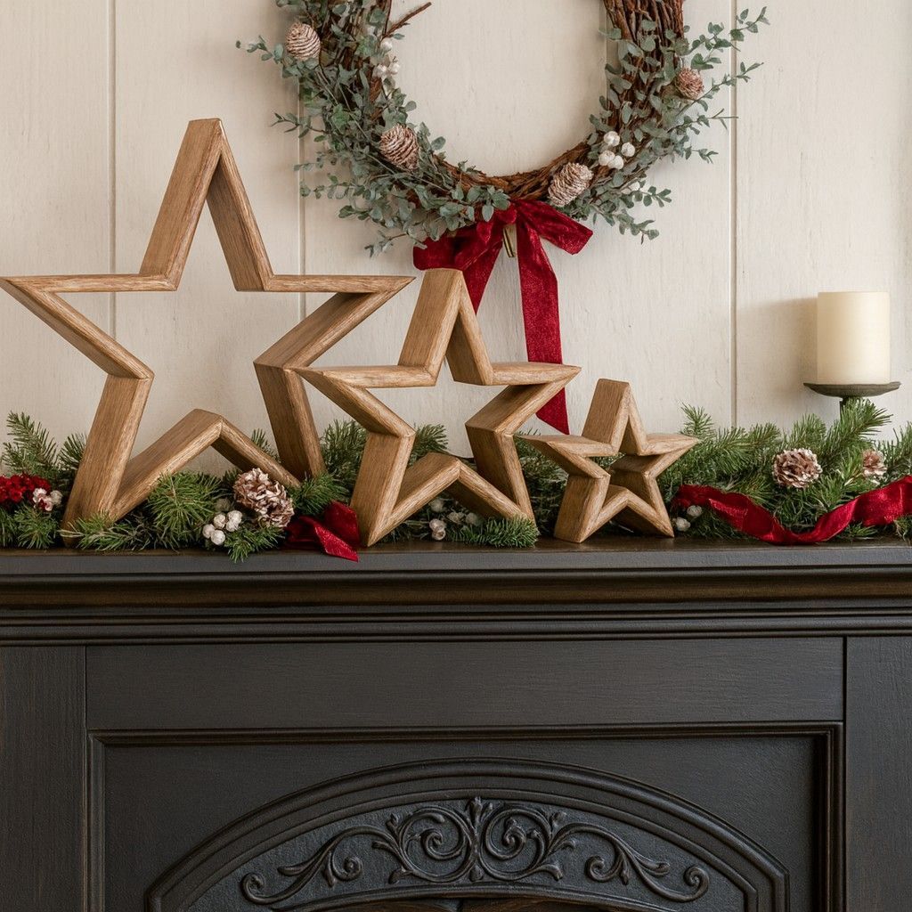 Wooden Mantle Stars - Set of 3 Three Wooden Mantlepiece Stars on Cast Iron Fireplace adding a rustic Christmas theme to your home