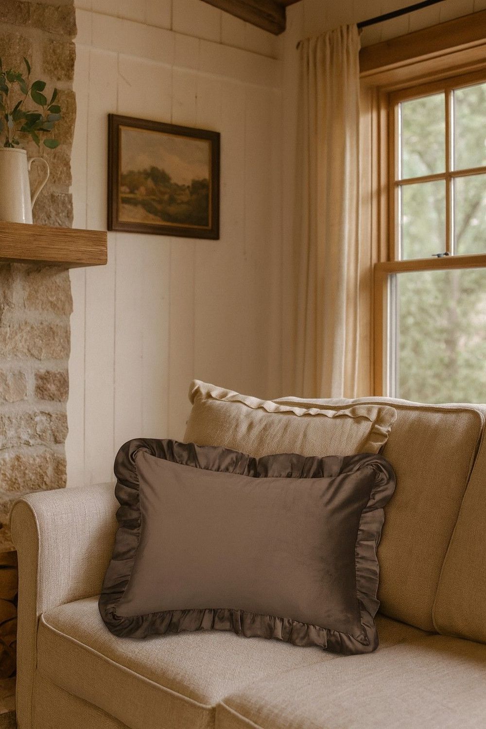 Nina - A luxurious chocolate brown velvet cushion with gorgeous ruffles and feather insert. Stylish comfort for any room.