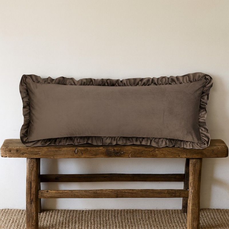 Nonna - The perfect bolster cushion for comfort and style. Rich warm chocolate brown velvet with a ruffle edge.