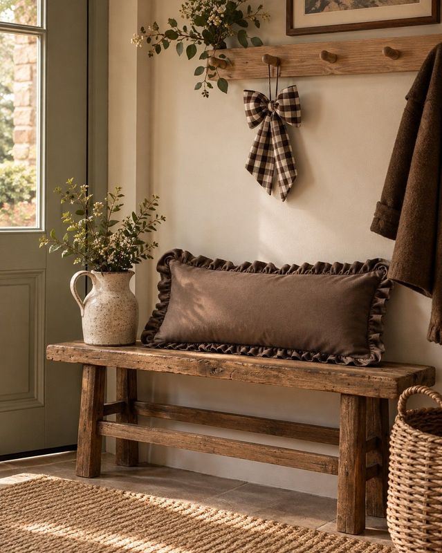 Chocolate velvet bolster cushion with ruffled edging brings warm cottage charm to a rustic wooden hallway bench and peg rail.