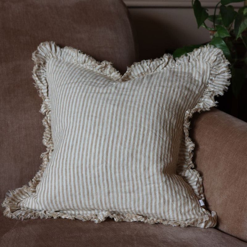 Hallie Light Brown Stripe Stonewashed Linen Bolster with ruffled edge detail for a vintage aesthetic