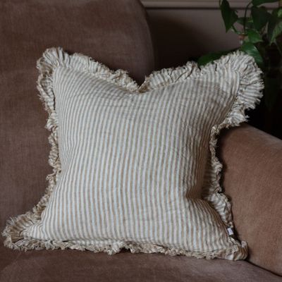 Hallie Light Brown Stripe Stonewashed Linen Bolster with ruffled edge detail for a vintage aesthetic