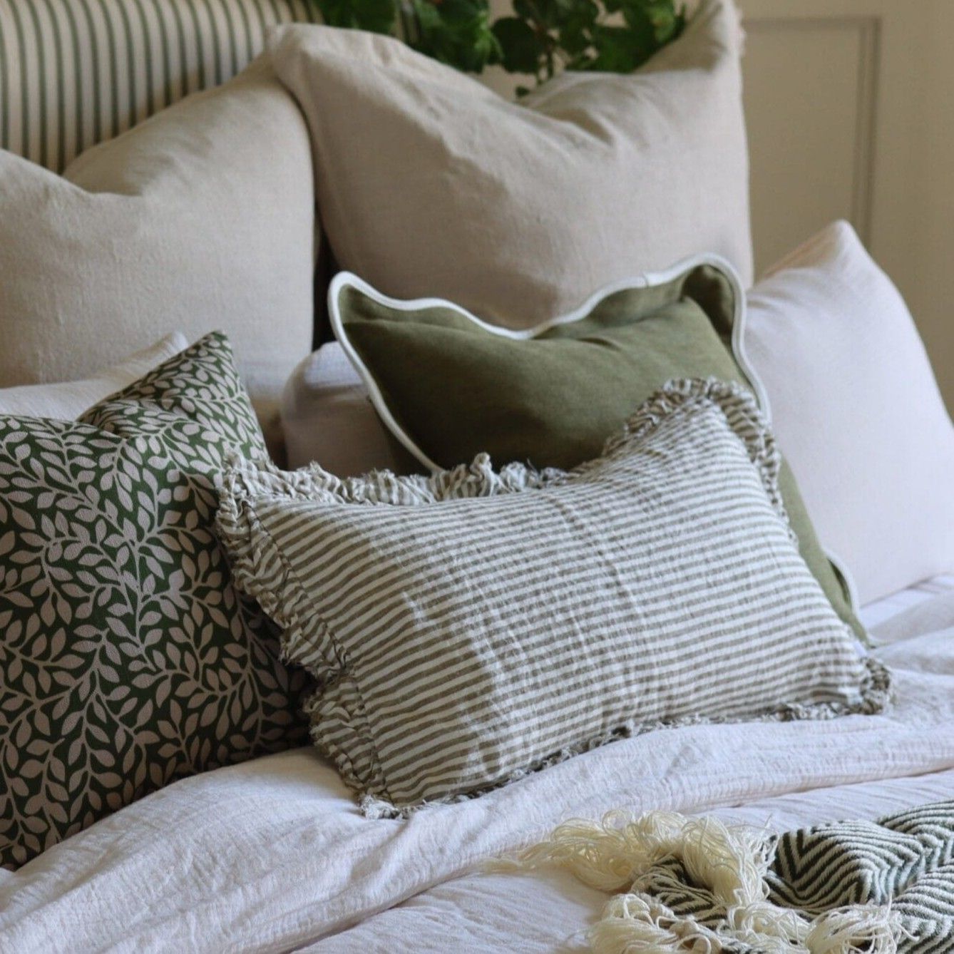 Hallie - Olive Stripe Linen Rectangle Ruffle Cushion