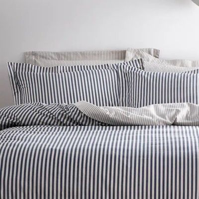 Hebden Reversible Duvet Cover & Pillowcase Set - Navy Fresh crisp navy and white striped cotton bedding for a coastal theme bedroom. Vintage style with modern comfort