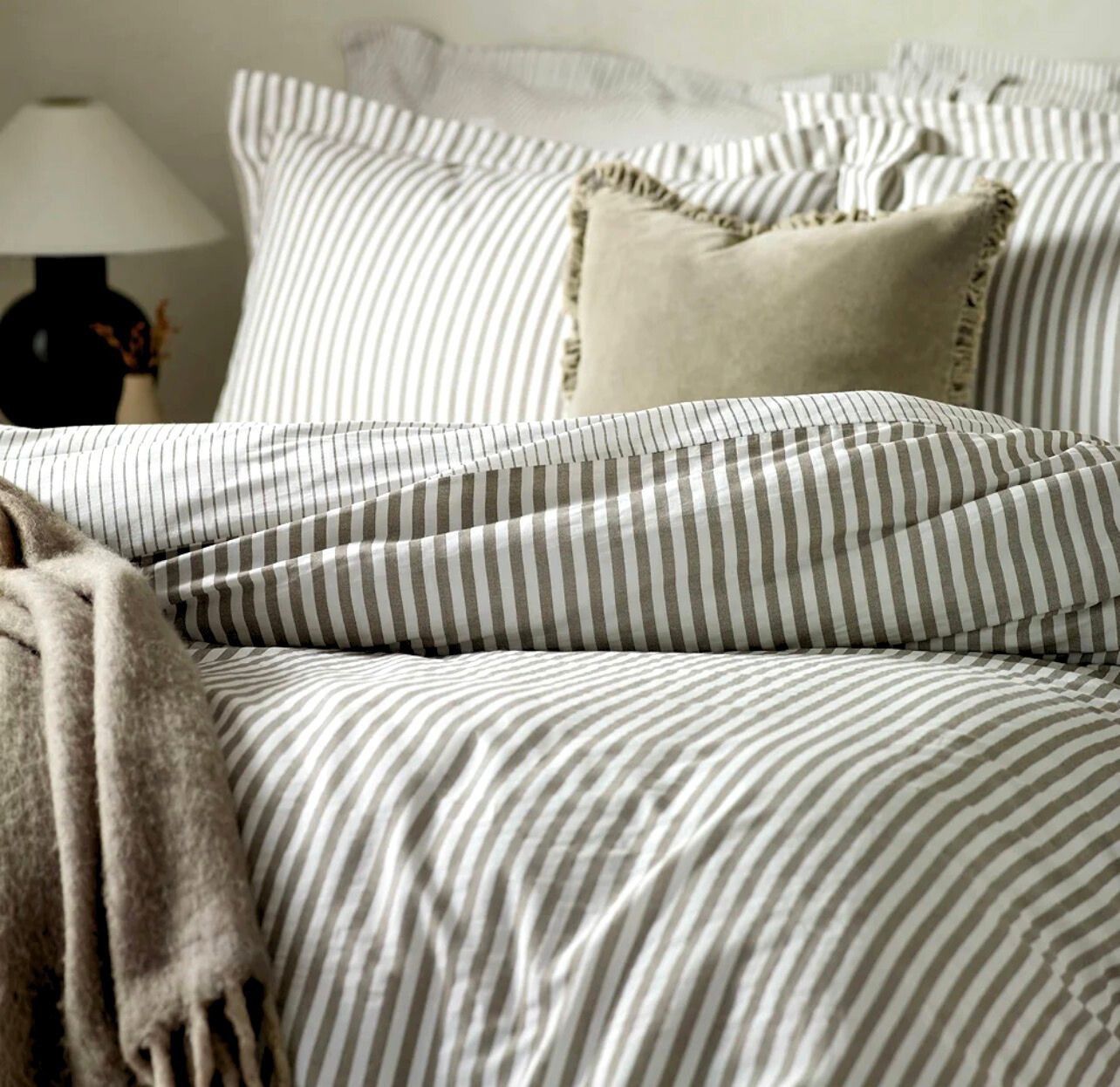 Hebden Reversible Duvet Cover & Pillowcase Set - Mole Mole brown striped bed linen in a reversible design for ultimate styling. Vintage feel bedding in crisp modern cotton