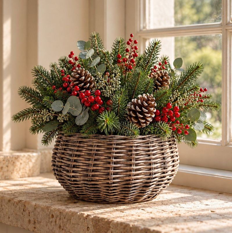 Rustic wicker planter bowl with festive fir, pine cones and red berries, perfect for a natural cottage Christmas centrepiece.