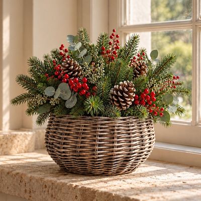 Willow Bowl Planter Rustic wicker planter bowl with festive fir, pine cones and red berries, perfect for a natural cottage Christmas centrepiece.