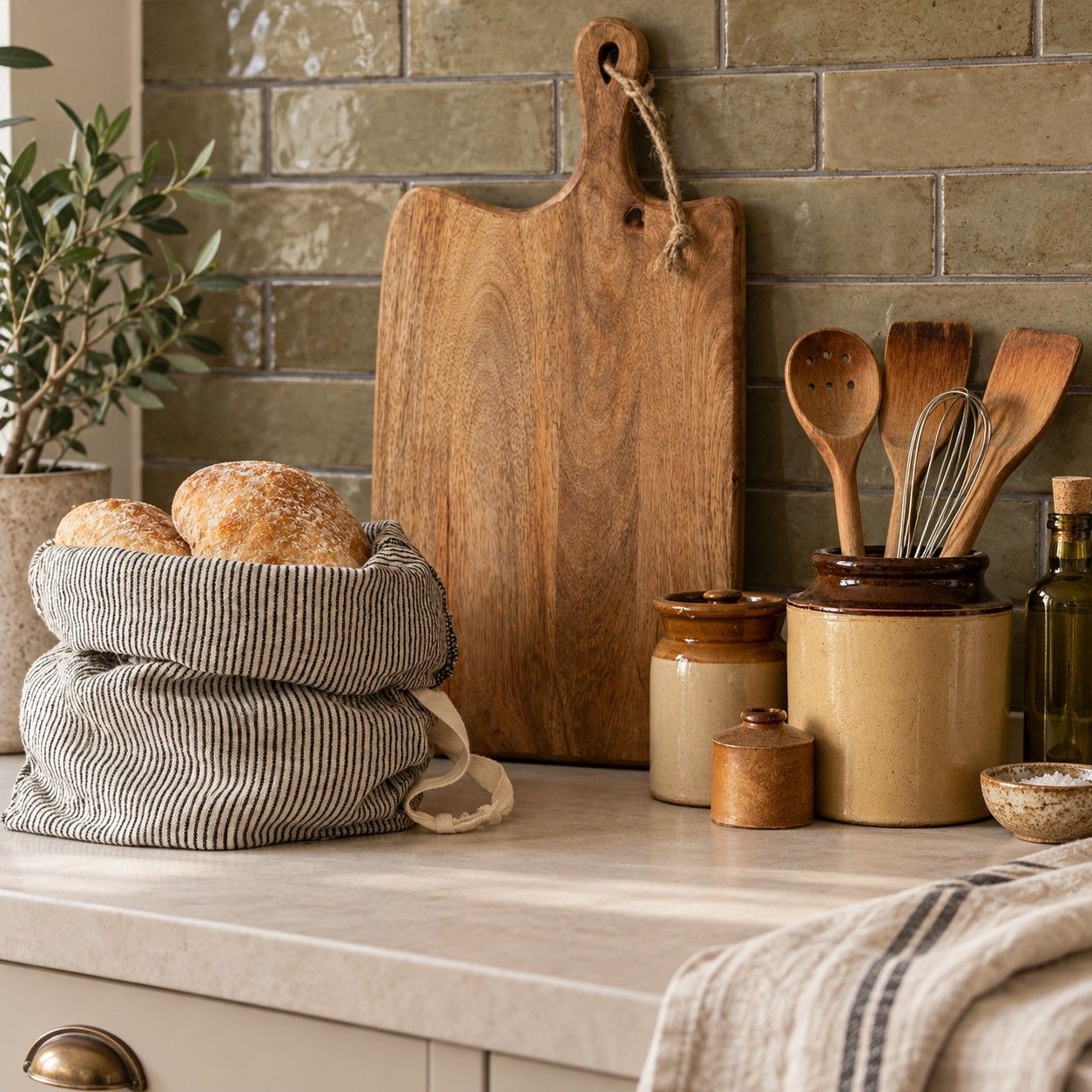 Nantes Mango Wood Chopping Board Style a rustic cottage kitchen with the XL Nantes mango wood serving board, framed by linen bread bags and vintage stoneware.