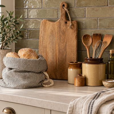 Nantes Mango Wood Chopping Board Style a rustic cottage kitchen with the XL Nantes mango wood serving board, framed by linen bread bags and vintage stoneware.