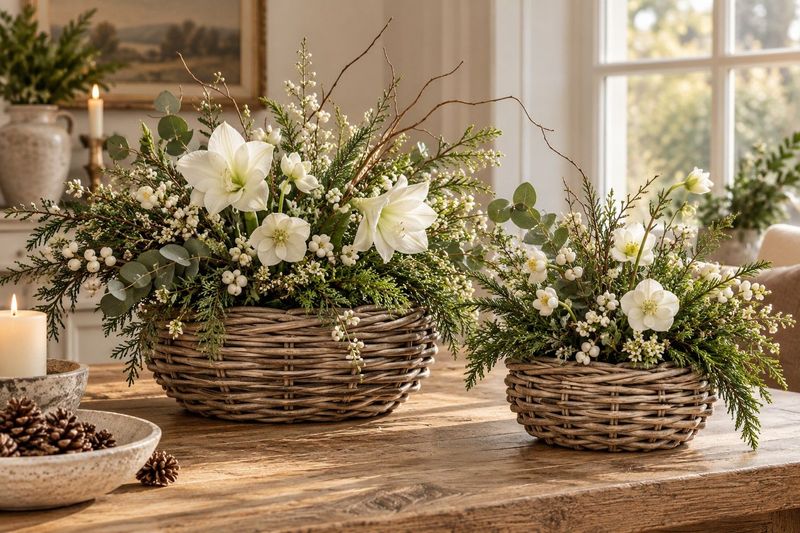 Kubu rattan bowl planters add rustic charm to Christmas displays filled with white flowers, lush winter greenery and berries.