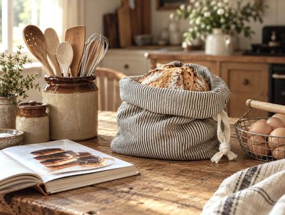 Linen Reusable Bread Bag Store homemade loaves in this reusable striped linen bread bag, with a cream cotton tie for charming country kitchen storage.