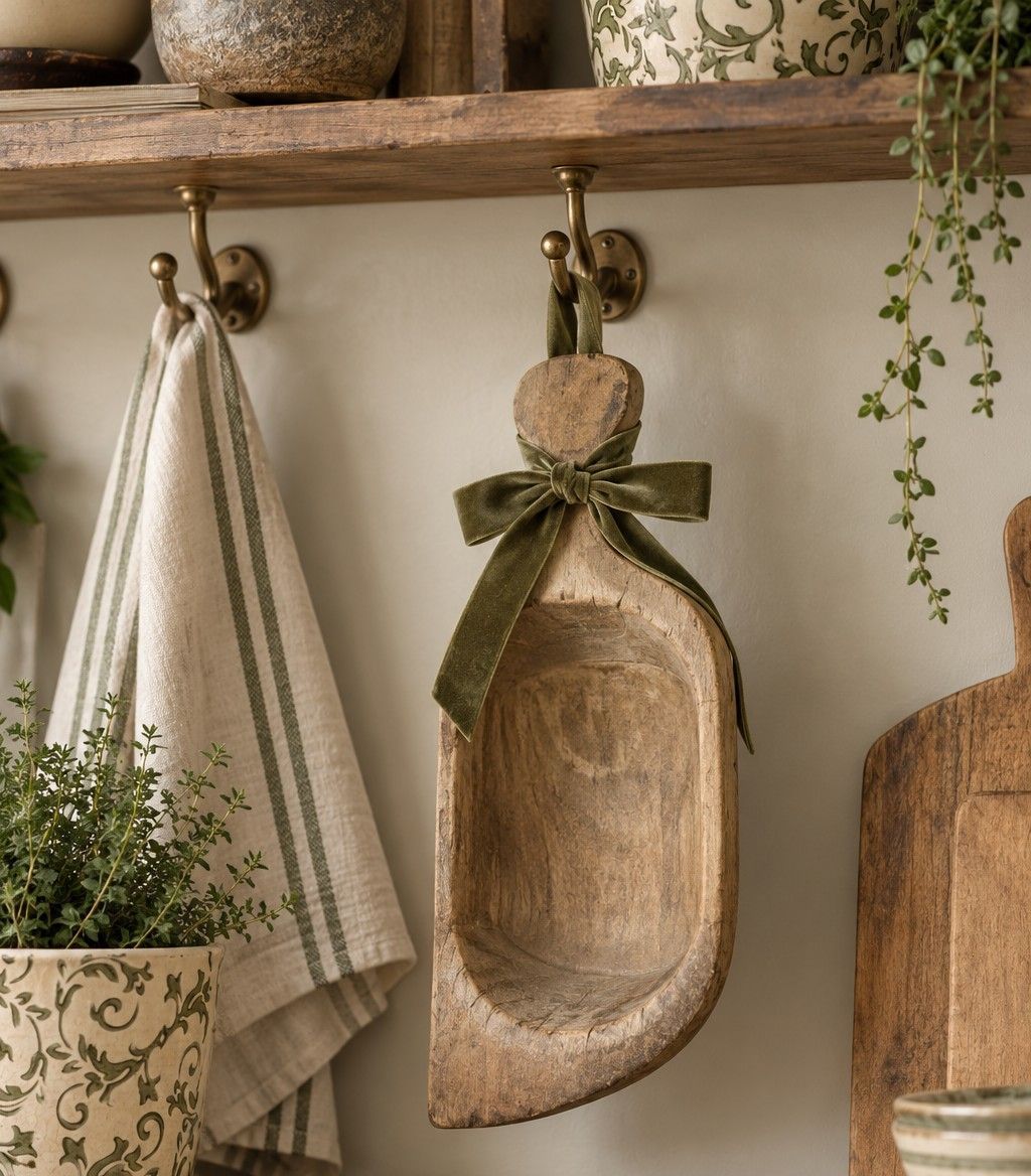 Vintage Hand-Carved Wooden Flour/Grain Scoops Hang a vintage wooden flour scoop with an olive green velvet bow for beautiful cottage kitchen décor with a handcrafted feel.
