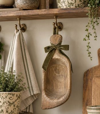 Hang a vintage wooden flour scoop with an olive green velvet bow for beautiful cottage kitchen décor with a handcrafted feel.